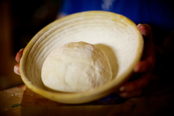 Flour a banneton (rye is really good here as it tends to not get as wet and cause your dough to stick in the banneton) and place the final spun loaf tight, top side down. If you don't have a banneton (we have been only using one for the last 6 months), you can use a colander with a tea towel placed in it. Flour the tea towel as above and place the dough in the middle. Dust a little more flour over the top and cover in the plastic bag or cover with a tea towel. 