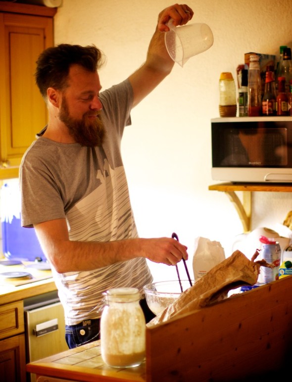 Add the water from as high as possible into the bowl with the sponge. I have found that a meter of height gives a really nice bubbly response but can cause quite a bit of mess. (sorry, only joking, you can add the water at any height...)