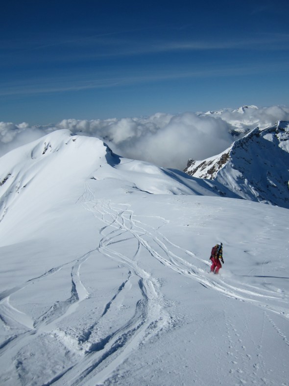 The ridge run to get to a location that no one had dropped into yet (Jules, and Addy B is the little black dot in the distance).