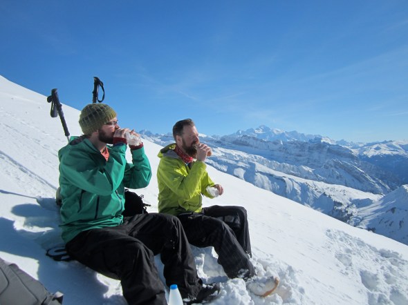 Lunch doesn't get any better than this. Appetite worked up by the walk, sunshine, baguette (see King of Lunches post), and Mont Blanc in the distance. (ok, we could have hiked with a bottle of wine...)
