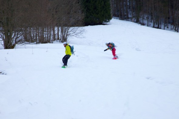 Captain Snowbeard and Princess Faffalot on the final descent out of the forest - just as the sun sets on the mountains