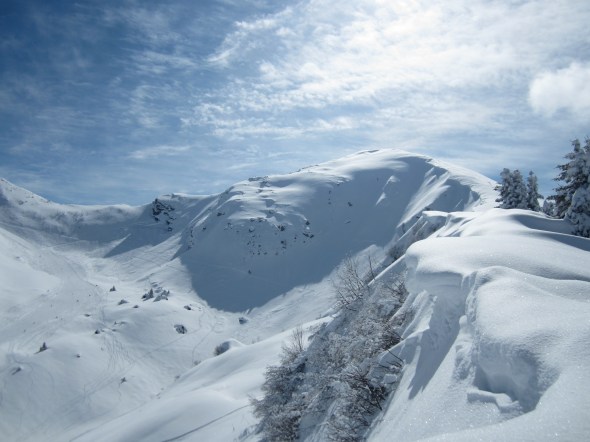 Pointe de Chesery (Ridge line on the right for the boot pack and options for lines down from top point into the first two bowls on the right leading into the main bowl with traverse lines already in it)