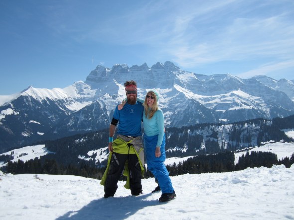 Captain Snowbeard and Jeany try to obscure the lovely view of the Dents du Midi.