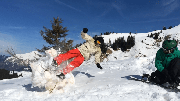 Not sure if we condone this kind of behaviour, but the photo is quite the action shot... Gav two foot ninja kick into snowman.